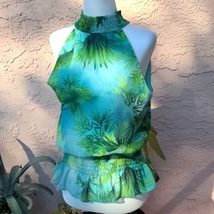 Palm Peplum Chiffon Sleeveless Blouse